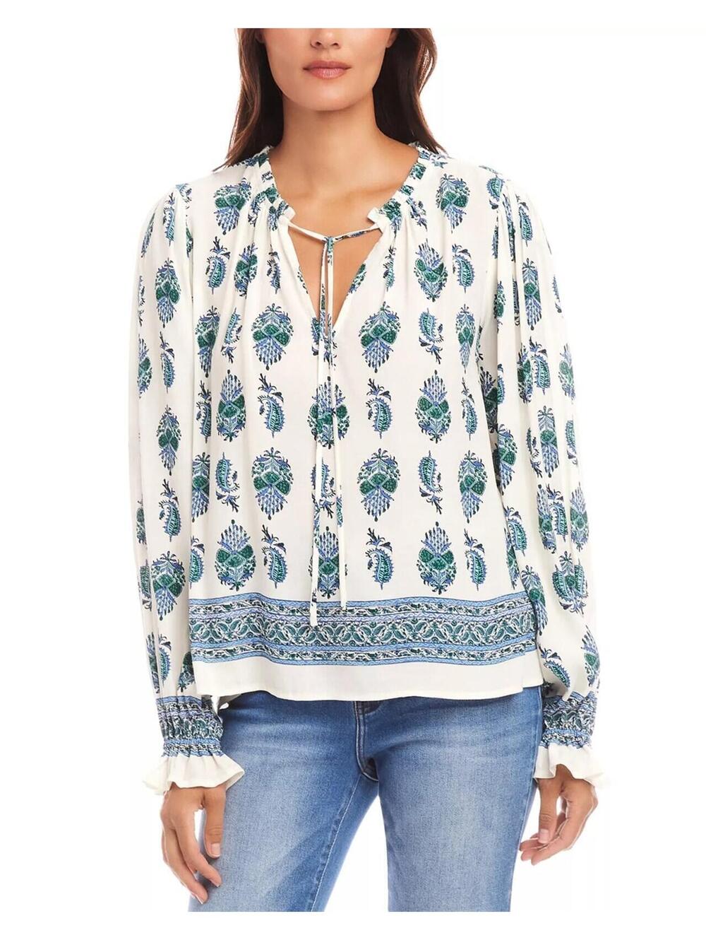 158$ Karen Kane Printed Peasant Blouse Top Long Sleeves Size S White